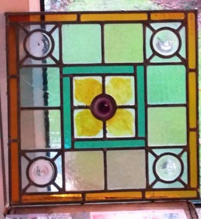 Image 1 of ANTIQUE Bullseye Stained Glass Each Square Panel Blue Amber