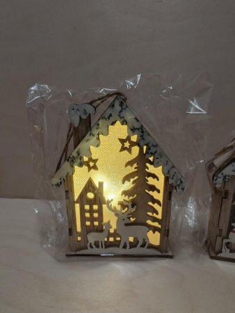 Image 13 of Set of 3 Hanging Christmas Wooden House with LED Warm Lights