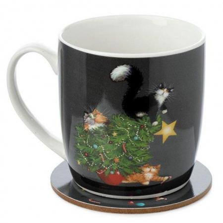 Image 1 of Kim Haskins Christmas Tree Catastrophe Cat Porcelain Mug & C