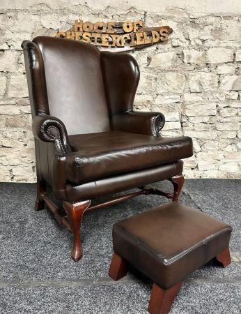 Image 5 of Queen Anne Wingbacked Armchair x2 Brown Leather & footstool