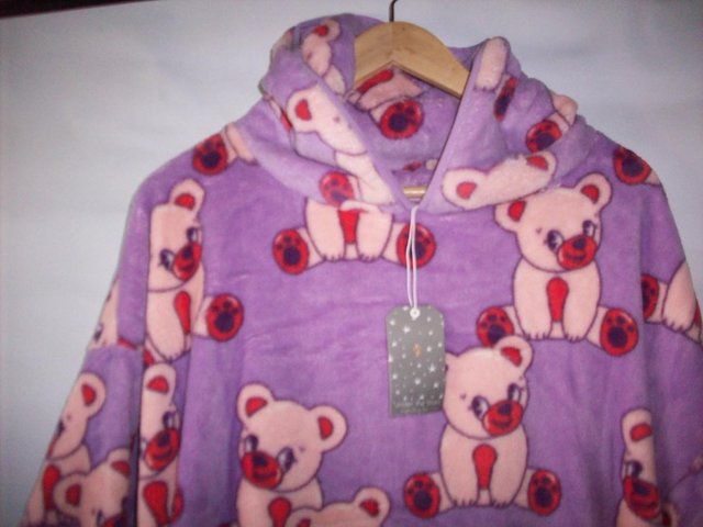 Preview of the first image of New Lilac Bear Print Fleece Hoodie Snuggle Age 11-13 Years.