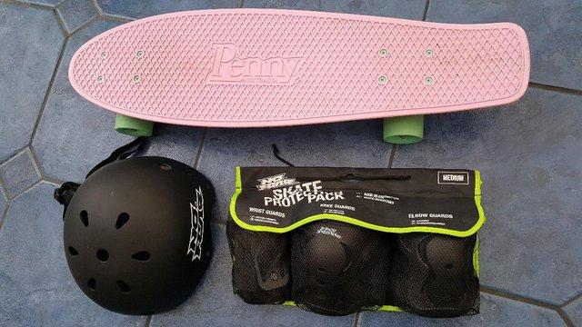 Image 1 of Skateboard. Helmet and Wrist, Knee and Eldow protection pack