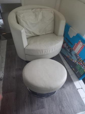 Image 1 of Retro leather swivel chair and footstool.  Good as new.