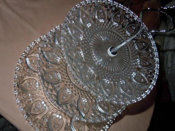 Image 1 of Cake Stand - 3 Tier Glass - Hearts Vintage