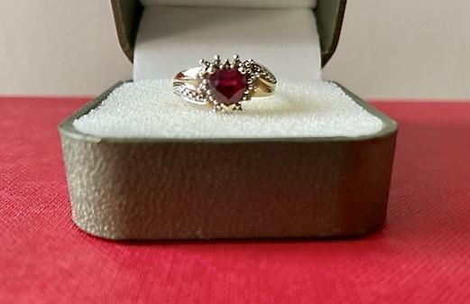 Preview of the first image of 9ct Gold - Ruby Heart & Diamond Cluster Ring - UK Size N.