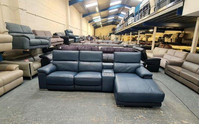 Image 3 of Laurence Smoke blue leather electric recliner chaise sofa
