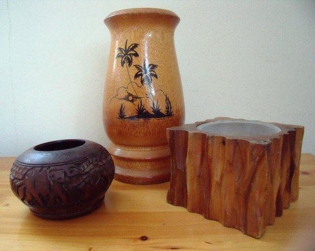 Preview of the first image of wooden Decorative Containers: pot, tealight holder? £1 both.