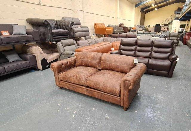 Image 2 of Vintage brown leather 3 seater chesterfield sofa