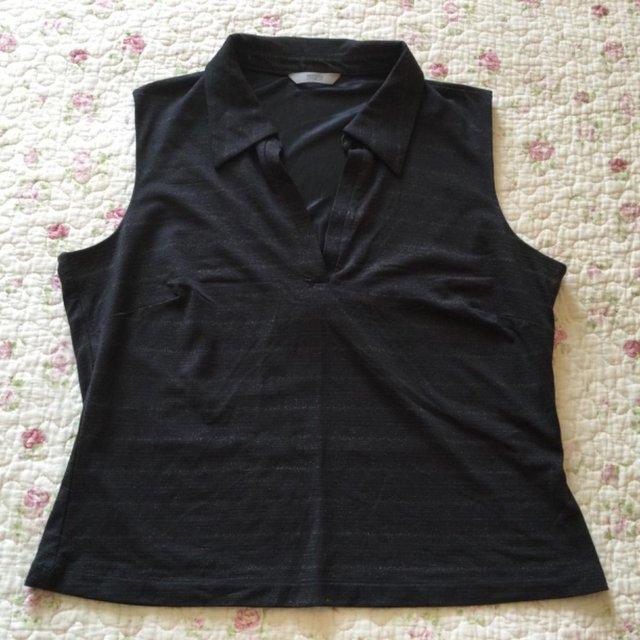 Preview of the first image of Size 14 M&S Black & Metallic Collared Sleeveless Top - Vtg.