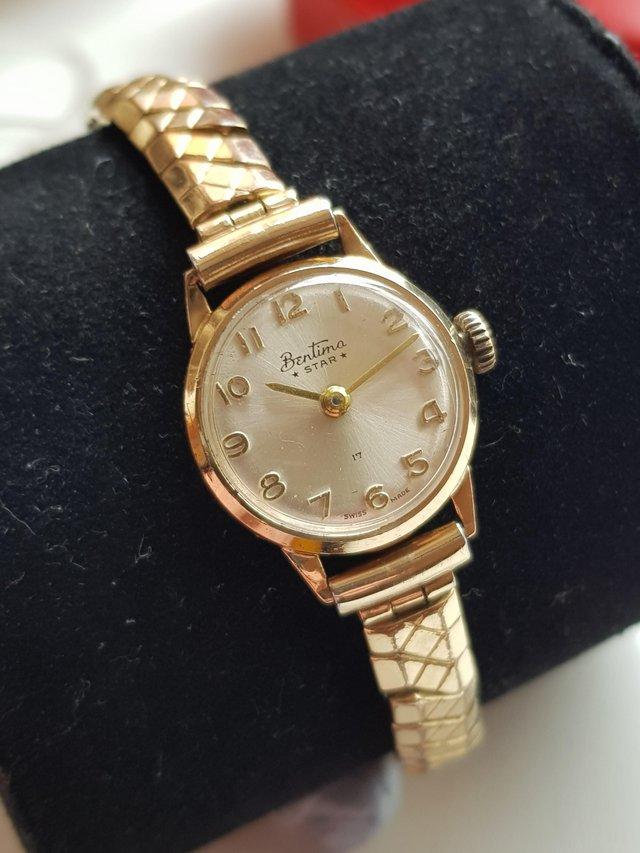 Preview of the first image of Vintage 1976 ladies 9 carat gold swiss bentima star watch.