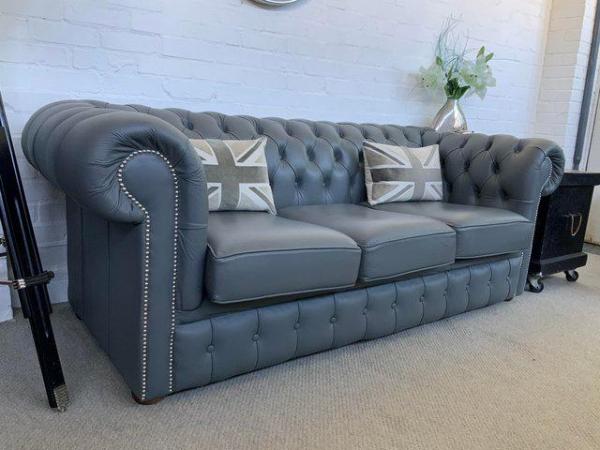 Image 3 of Grey Chesterfield sofa. Armchair & footstool available.