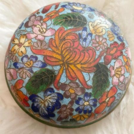 Image 2 of Vintage Chinese Solid Brass Enamelled Cloisonné Round Flower