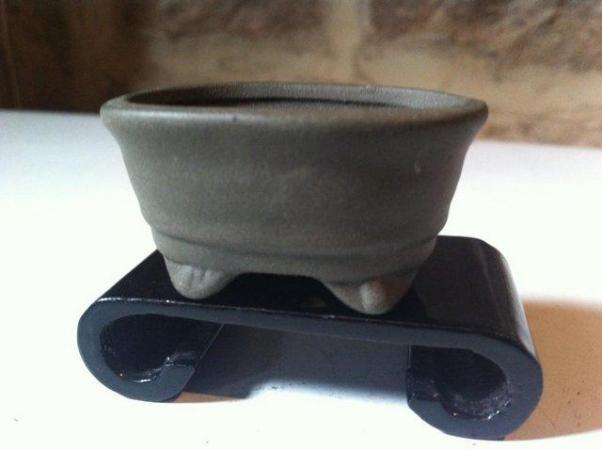Image 1 of Decorative grey oval mame Bonsai pot and stand (S16)