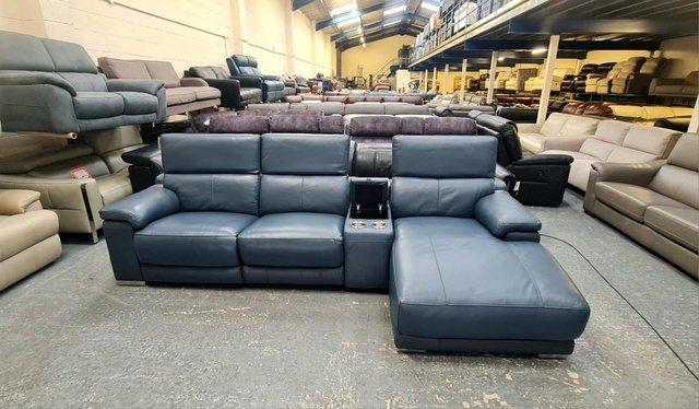 Image 10 of Laurence Smoke blue leather electric recliner chaise sofa