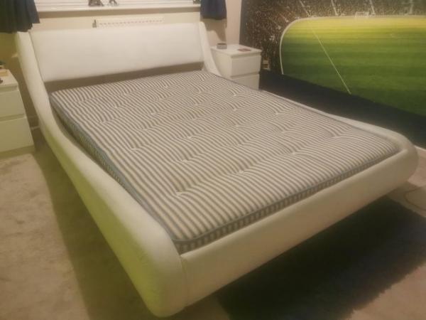 Image 2 of White faux leather sleigh bed and mattress