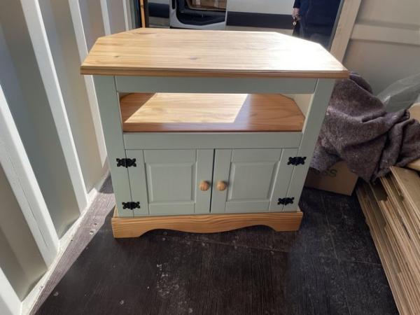 Image 1 of Pine TV corner unit , doors painted , in used good condition