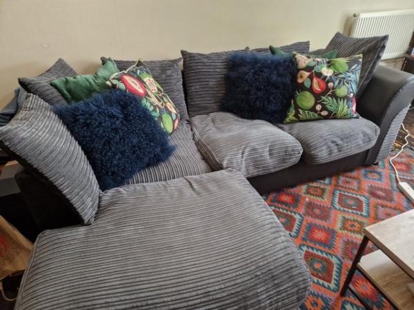 Image 1 of Grey 3 seater jumbo cord chaise sofa / L-shape Sofa