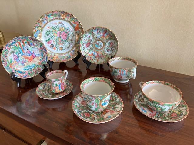 Preview of the first image of Antique Chinese rose medallion cups and plates.