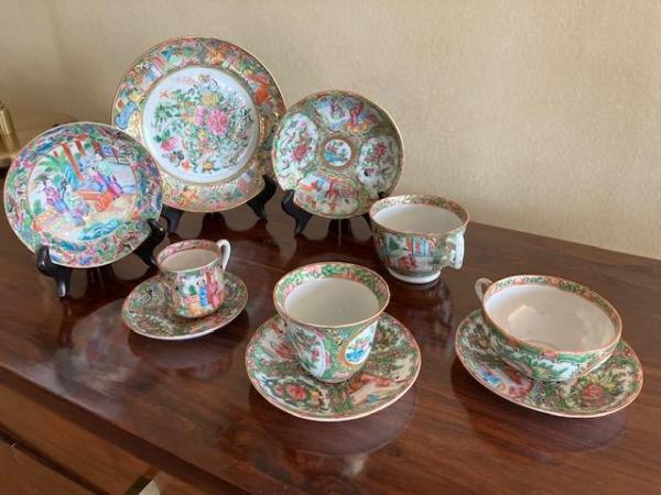 Image 1 of Antique Chinese rose medallion cups and plates