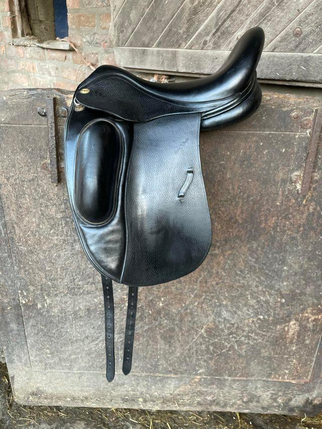 Preview of the first image of Dressage saddle- Harry Dabbs, 17.5" wide, mono flap ..