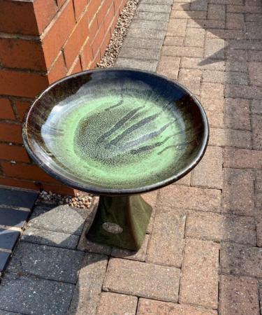 Image 1 of Variegated Green ceramic glazed Bird Bath.