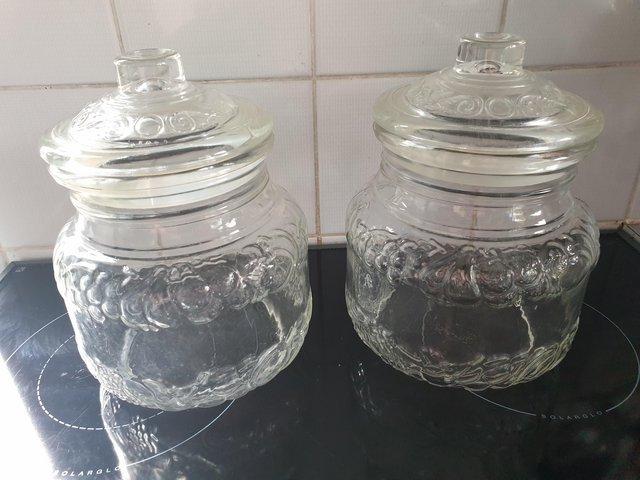 Preview of the first image of Two large vintage 8 inch Italian glass storage display jars.