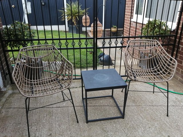 Preview of the first image of Two Garden chairs with marble & metal side table,.