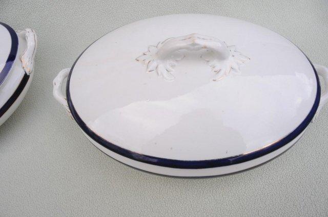 Image 2 of Victorian Pottery Serving Dishes With Lids White With Blue