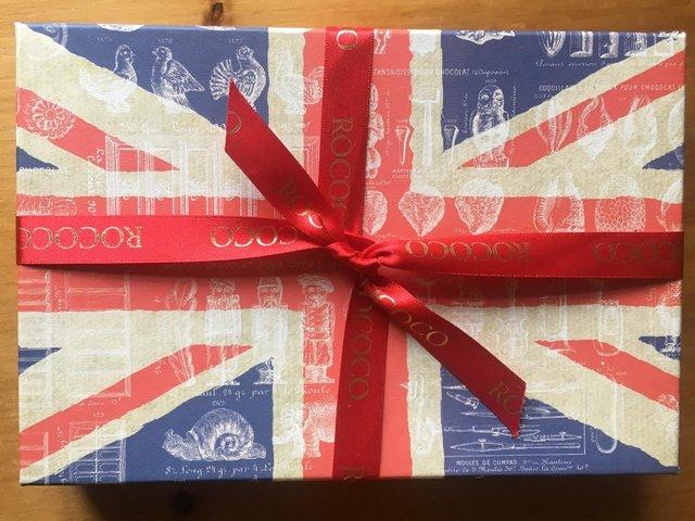 Preview of the first image of Rococo Chocolates Union Jack Box + ribbon - no chocolates!.