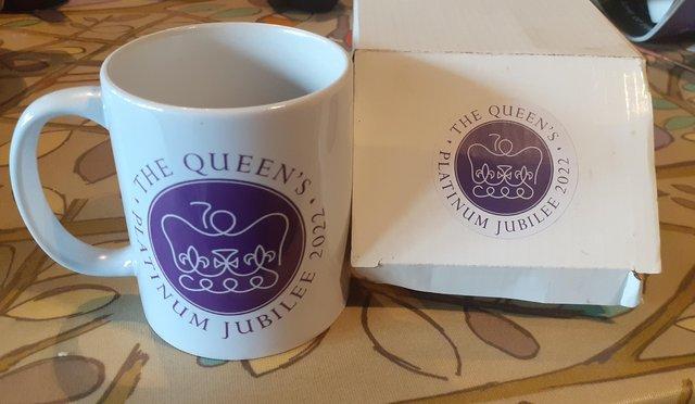 Preview of the first image of New, boxed Queen's 2022 jubilee mug.purple and white.