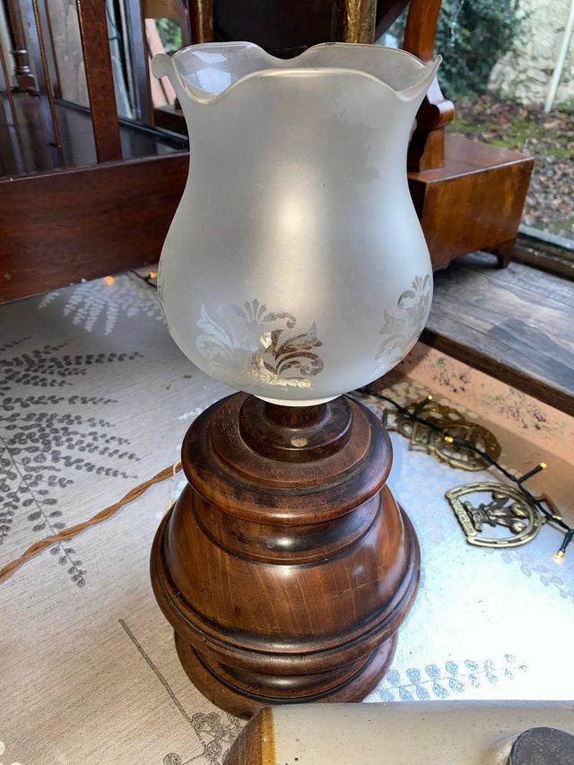 Preview of the first image of Vintage Hand Carved Wooden Table Lamp/ Glass Shade.