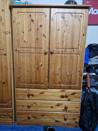 Image 2 of Solid pine wardrobes, two matching chest of draws bed side d