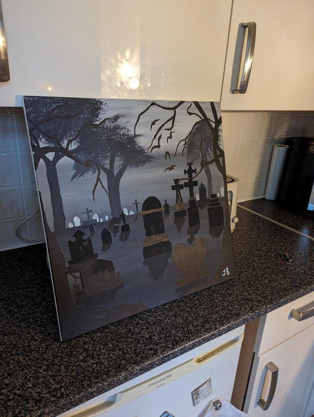 Preview of the first image of Canvas hand painted graveyard scene.