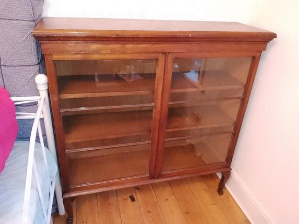 Image 1 of 1950s wooden bookcase, glass fronted