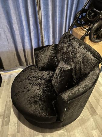 Image 1 of Black crushed velvet 3seater sofa and cuddle chair