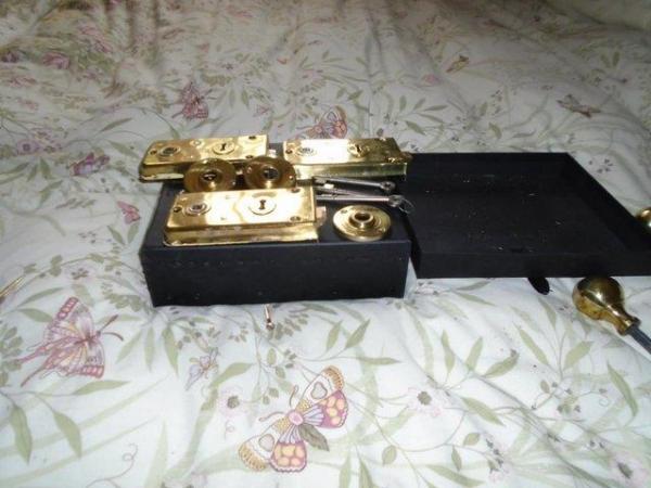 Image 1 of 3 Solid brass Legge vintage locks with key/plate/door knobs