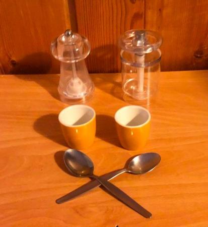 Image 1 of 2 NEW CHINA EGG CUPS, WITH SALT AND PEPPER MILLS