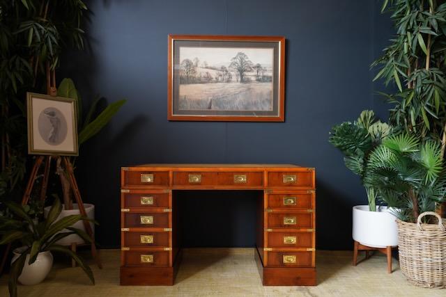 Image 1 of Antique Yew Wood Military Campaign Style Pedestal Desk c1930