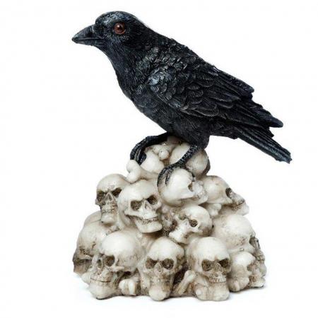 Image 1 of Crow Standing on Pile of Skulls Ornament.  Free uk Postage