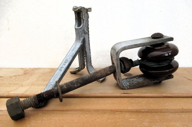 Image 1 of Telegraph Pole Ceramic Brown Insulator- bracket and screw, S