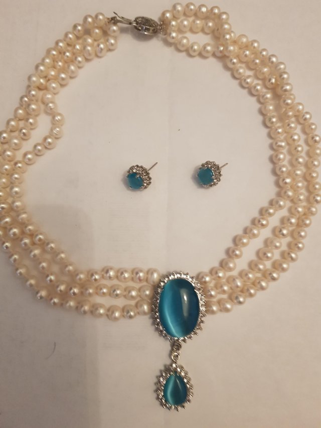 Preview of the first image of Blue Jade Lavaliere faux pearl set.
