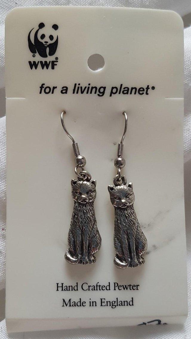 Preview of the first image of WWF Cat Design Pewter Earrings.