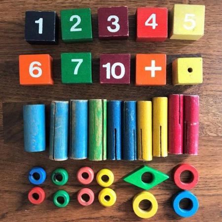 Image 1 of 30+ 1970s wood number/building blocks,threading shapes/beads