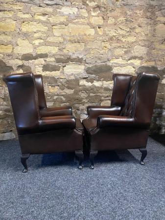 Image 8 of Queen Anne Wingbacked Armchair Brown Leather x 2