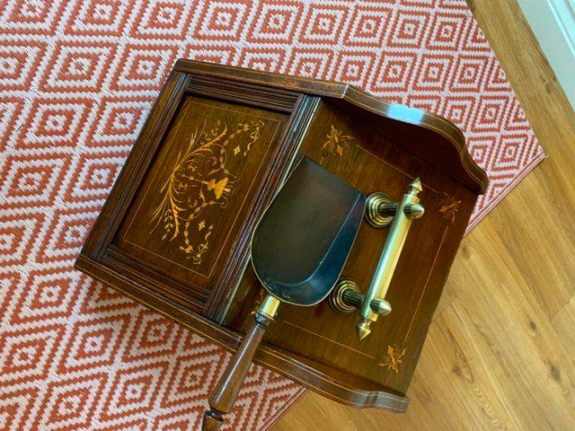 Preview of the first image of Inlaid antique coal scuttle, circa 1900-1910.