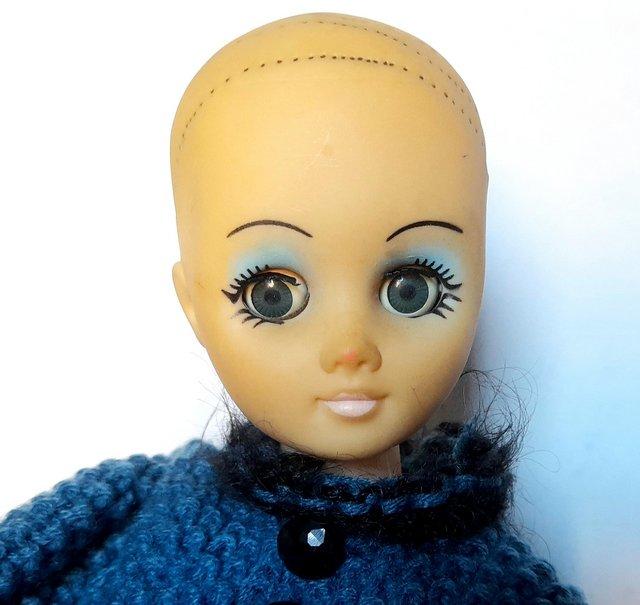 Preview of the first image of 1981 SOFT PLASTIC DOLL - BLUE KNITTED DRESS  38 cm tall.