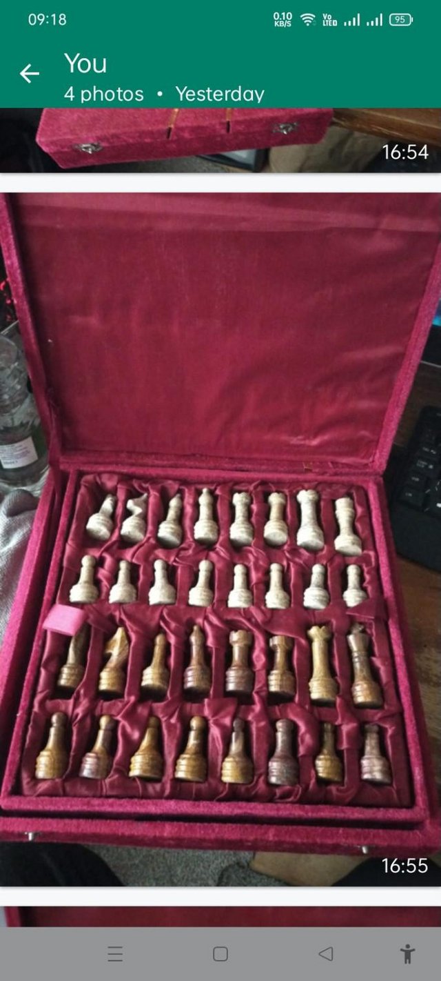 Preview of the first image of Chess Set Marble Fossil Stone Red Velvet Case and Satin Lini.