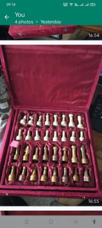 Image 1 of Chess Set Marble Fossil Stone Red Velvet Case and Satin Lini