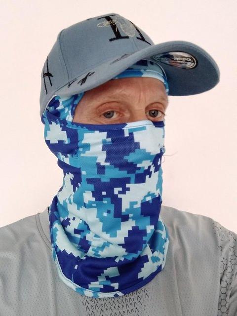 Cool blue baseball cap with pixel style full face mask. - £18 each
