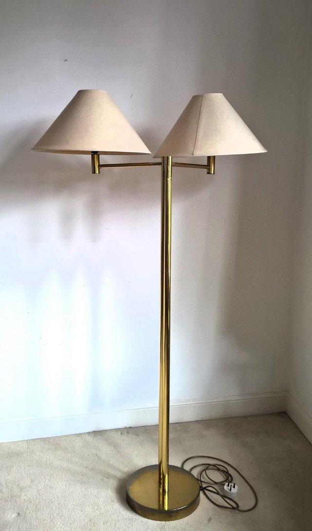 Stylish brass double-shade double-stem floor lamp